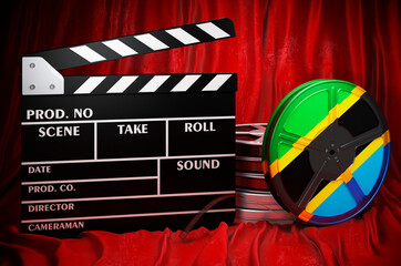 Poster - tanzanian cinematography, film industry, cinema in tanzania. clapperboard with and film reels on the