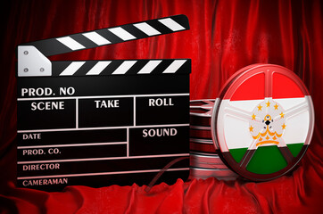 Poster - tajik cinematography, film industry, cinema in tajikistan. clapperboard with and film reels on the r