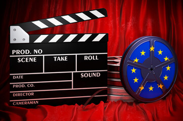 Poster - The EU cinematography, film industry, cinema in the European Union. Clapperboard with and film reels on the red fabric, 3D rendering