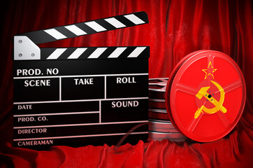 Poster - The USSR flag with clapperboard and film reels on the red fabric, 3D rendering