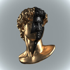 Wall Mural - Abstract digital illustration from 3D rendering of a golden classical head bust with a black marble bolt shape on its face, isolated on background.