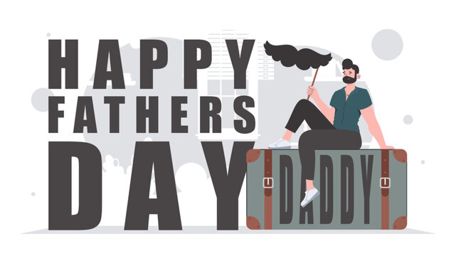 Father's day banner. A man holds a mustache on a stick. Cartoon style. Vector illustration.