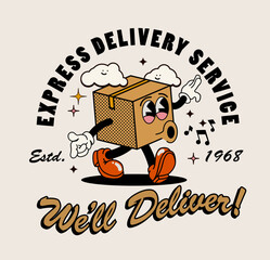 Walking retro cartoon delivery box package character as delivery service concept illustration. Vector illustration