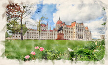 Hungarian Parliament Building At Spring In Budapest, Hungary In Watercolor Illustration Style. 