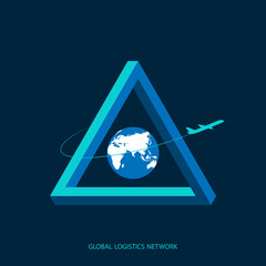 Wall Mural - Global logistics network. Map global logistics partnership connection with Penrose Triangle in blue.  Concept of global logistics network with airplane and globe.  EPS10. 