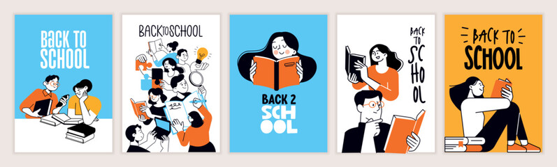 Wall Mural - Set of back to school posters. Vector illustration concepts for graphic and web design, business presentation, marketing and print material. International education day, world book day, teachers day.