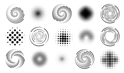 Aufkleber - Circle lines, round dot patterns. Abstract spiral speed icons, circular graphic swirls, radial movement, halftone abstract shapes. Black geometric elements. Vector design background objects