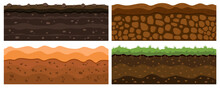 Earth Ground Layers, Dirt Soil Set. Geology Underground Lands Collection, Clay Under Rock, Archeology Game Backgrounds. Horizontal Landscape. Desert And Grass Field. Vector Illustration Texture