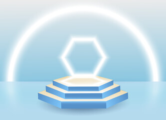 Poster - 3d podium background, presentation stand, winner stage. Pastel product geometric platform with spotlight, display render, glowing frame lights. Minimal scene. Vector modern design mockup