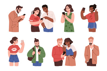 Poster - People with mobile phones. Device messenger. Sad man holding smartphone. Happy woman with gadgets. Online app. Angry girl read message. Couple communication. Vector chatting persons set