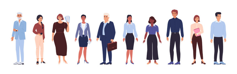Aufkleber - Business people. Woman and man persons. Office workers team. Employee in suit. Diverse characters set. Colleagues group. Standing managers. Corporate staff. Vector cartoon collection
