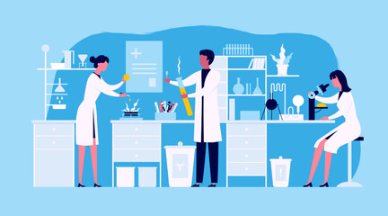 Aufkleber - Scientist lab research. Woman and man works in chemistry laboratory, lab glass with test tubes, science or medical workers, biotechnology experiment vector cartoon flat illustration
