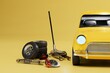 car repair at the service station. replacement of old wheels. yellow car near which the wheel, jack on a yellow background. 3d render. 3d illustration