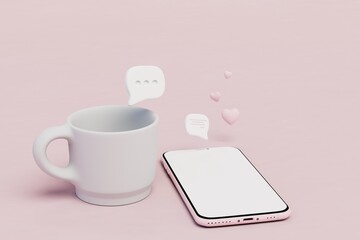 Poster - love online correspondence via smartphone. chatting online over a cup of coffee. cup, smartphone with message and heart icons on pink pastel background. copy paste. 3d render. 3d illustration