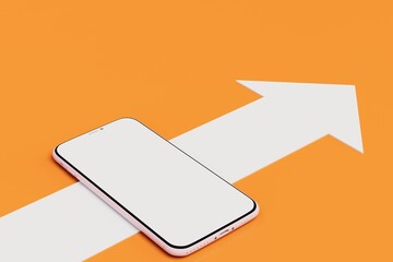 Poster - work on the Internet through a smartphone. way to make money online. smartphone and white color arrow on orange background. copy paste, copy space. 3d render. 3d illustration