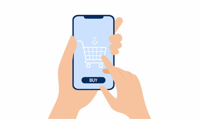 Wall Mural - Hand holding smartphone with a buy now button on the screen. shopping cart. online shopping concept. vector illustration.