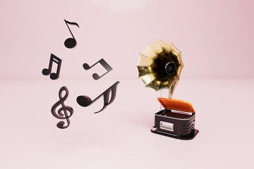 Poster - playing a record with a melody on a gramophone. gramophone, and musical notes flying out of it on a pink pastel background. 3d render. 3d illustration