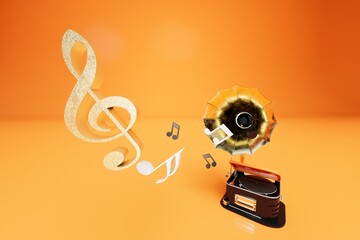 Fototapete - playing a record with a melody on a gramophone. gramophone, and musical notes flying out of it on an orange background. 3d render. 3d illustration