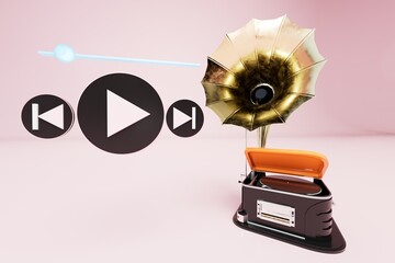 Fototapete - playing a record with a melody on a gramophone. gramophone, melody play buttons and musical notes on a pink pastel background. 3d render. 3d illustration
