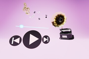 Fototapete - playing a record with a melody on a gramophone. gramophone, melody play buttons and musical notes on a purple background. 3d render. 3d illustration