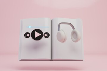 Fototapete - modern technologies. listening to an audiobook with headphones. headphones, audiobook and audio track start icon on pink pastel background. 3d render. 3d illustration