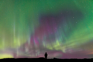 woman looks at aurora nightsky