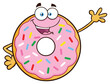 Donut Cartoon Mascot Character With Sprinkles Waving. Hand Drawn Illustration Isolated On Transparent Background