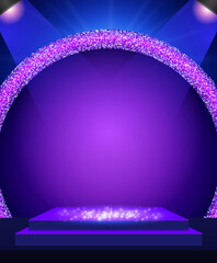 Wall Mural - Vector empty blue dots spiral wall background with purple retro banner and sparkle arch for design