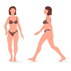 Young caucasian woman, full body of a woman, front and side views. Isometric vector illustration of a person standing still and a person walking.