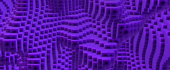 Purple wall of cubes with optical illusion background. Tiles laid out in abstract 3d render of stairs with movement effect when approaching. Decorative digital design with futuristic surface