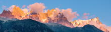 The Panorama Of  Les Aiguilles Towers In Sunset Light - Grands Charmoz, Aiguille Du Grepon, Aiguille De Blaitiere,  Aiguille Du Plan And Aiguille Du Midi.