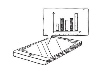 Sketch style illustration of column chart with financial growth analysis showing on cloud from mobile screen
