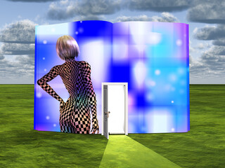 Wall Mural - Book with opened door and woman