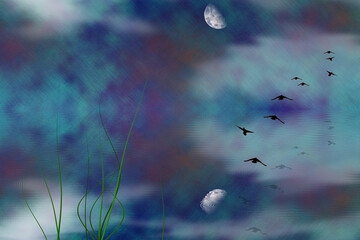 Wall Mural - Painterly marsh landscape under moon and flying birds