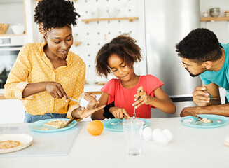 Wall Mural - family child kitchen food daughter mother love eating preparing pancake breakfast  happy together black dessert