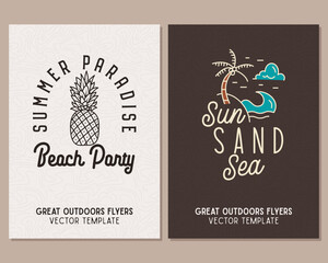 Wall Mural - Camping flyer templates. Travel adventure posters set with line art and flat emblems and quotes - sun sand sea. Summer A4 cards for outdoor parties. Stock vector