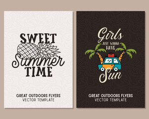 Wall Mural - Camping flyer templates. Travel adventure posters set with line art and flat emblems and quotes - sweet summer time. Summer A4 cards for outdoor parties. Stock vector