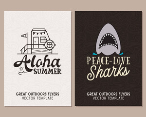 Wall Mural - Camping flyer templates. Travel adventure posters set with line art and flat emblems and quotes - aloha summer beach. Summer A4 cards for outdoor parties. Stock vector