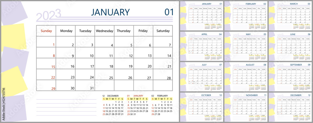 Monthly calendar template for 2023 year Week Starts on Sunday Wall or