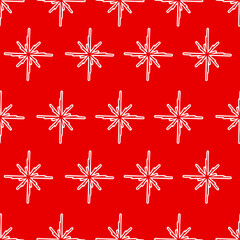 Wall Mural - Seamless pattern with white fantasy snowfkakes on bright red background Vector illustration in a simple flat style for wrapping paper, textile, fabric and packaging decoration 