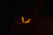 orange fire from a homemade flamethrower. Burning kerosene under pressure. a burning torch on the hand of a fire show worker. dangerous fire from flammable liquid at fire show