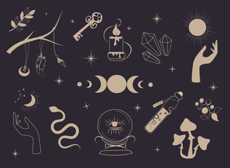 Wall Mural - Set of witch items, moon, grimoire, hands, magic ball, crystals, planets, potions, amulets. Magic and witchcraft, witchcraft esoteric alchemy. Wicca. The symbol of the triple goddess. Vector