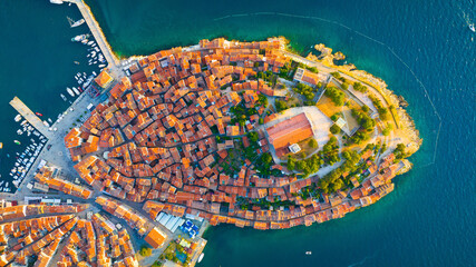 Wall Mural - rovinj, croatia. aerial view. old historic buildings in the bay. harbor with boats. beautiful romant