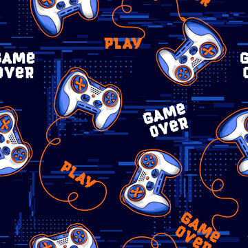 Abstract seamless gamepads pattern. Game pads repeat print on digital technology endless background. Text Game over, Play. Digitally repeated wallpaper for boy clothes, sport textile, wrapping paper