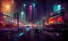 Futuristic Cyberpunk City At Night, Neon Lights, Digital Illustration