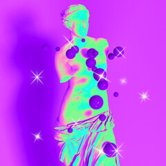 Poster - Holographic Venus sculpture with sparkles. Surreal vaporwave 3D illustration in chrome acid colors.