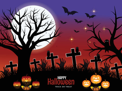 Pumpkin zombie hands full moon background in flat design 07