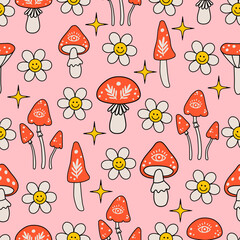 Retro 70s 60s groovy floral hippie mushrooms flower power vector seamless pattern. Boho retro fly agaric mushrooms, vintage daisy and stars. Fun texture for surface design, wallpaper, paper, textile