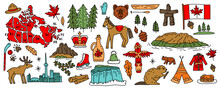 Canada Vector Travel Symbols Set. Collection Of National Canadian Icons. Set Of Design Elements In A Flat Style. Tourism. Vector Concept For Greeting Cards, Banners And Posters.