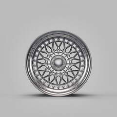 Wall Mural - Shiny silver metallic alloy aluminum car rim isolated on white background in front view, 3d rendering